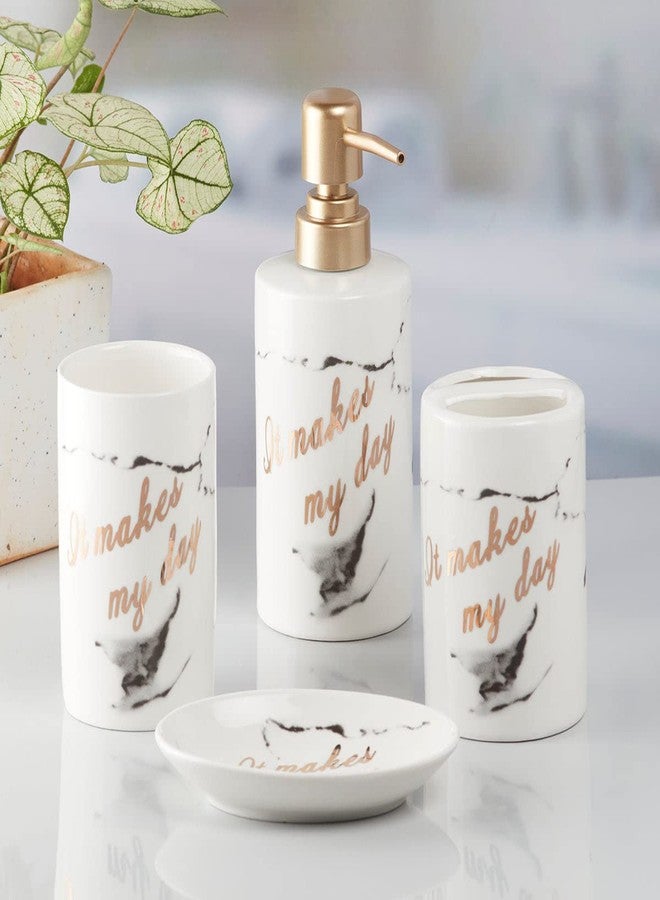 Kookee Ceramic Bathroom Set - Stylish 4 Piece Bath Accessories Kit with Soap Dispenser, Toothbrush Holder, Tumbler & Soap Dish - Modern & Designer Decor for Home & Guest Bathrooms, White/Gold (7694) - Image 4
